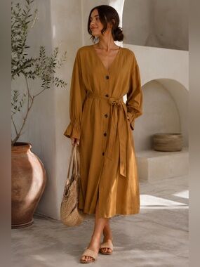GU Japan Camel Linen Blend Belted Midi Dress Coastal Minimalist M